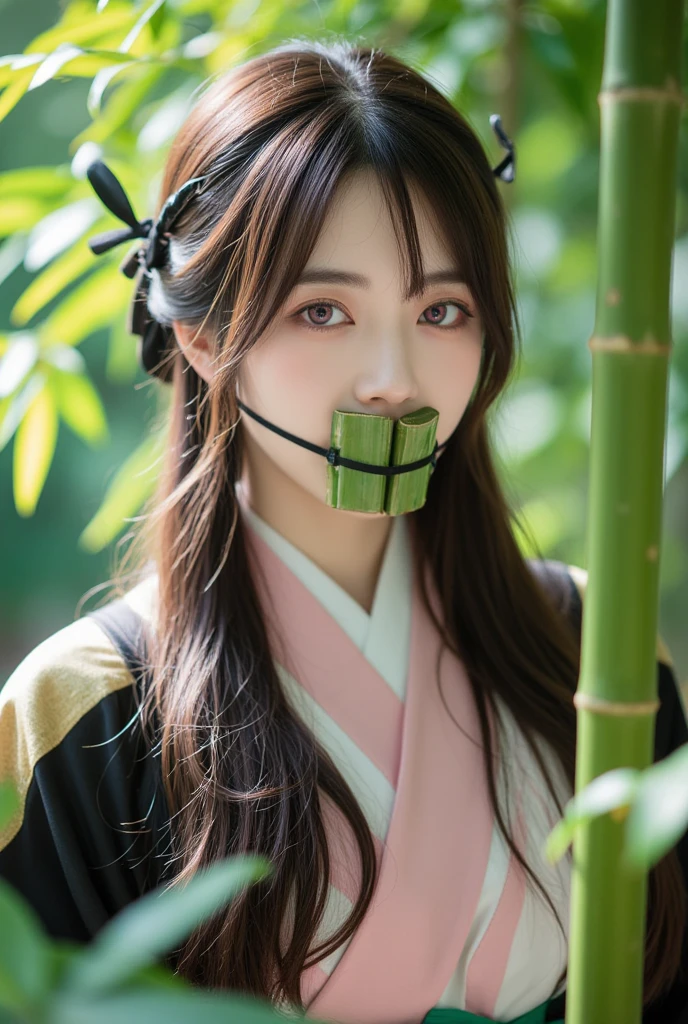1girl,women face,beautiful,long black hair,pink clothes,bamboo in mouth,realistic,more details,70 mm lens