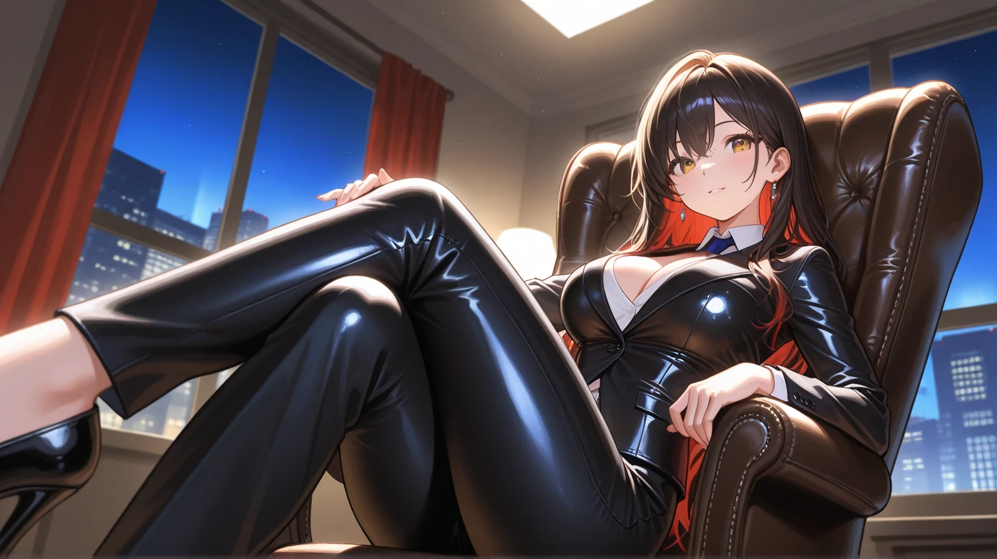 Photograph of a 25 year old woman sitting at the bar. Beautiful, gorgeous, cute, sexy, erotic. Long eyelashes, pretty brown eyes, eyeglasses, black hair, perky lips. Erotic facial expressions, erotic poses. 36dd breast, big belly, big hips, big buttocks, curvaceous body. red and black latex bra, red and black latex panties, black stockings with red trim, red high heels. Liquor, neon light, cocktail glasses. Full body shot, cinematic lighting, reflection light, backlighting, UHD, masterpiece, anatomically correct, textured skin, super detail, 8k