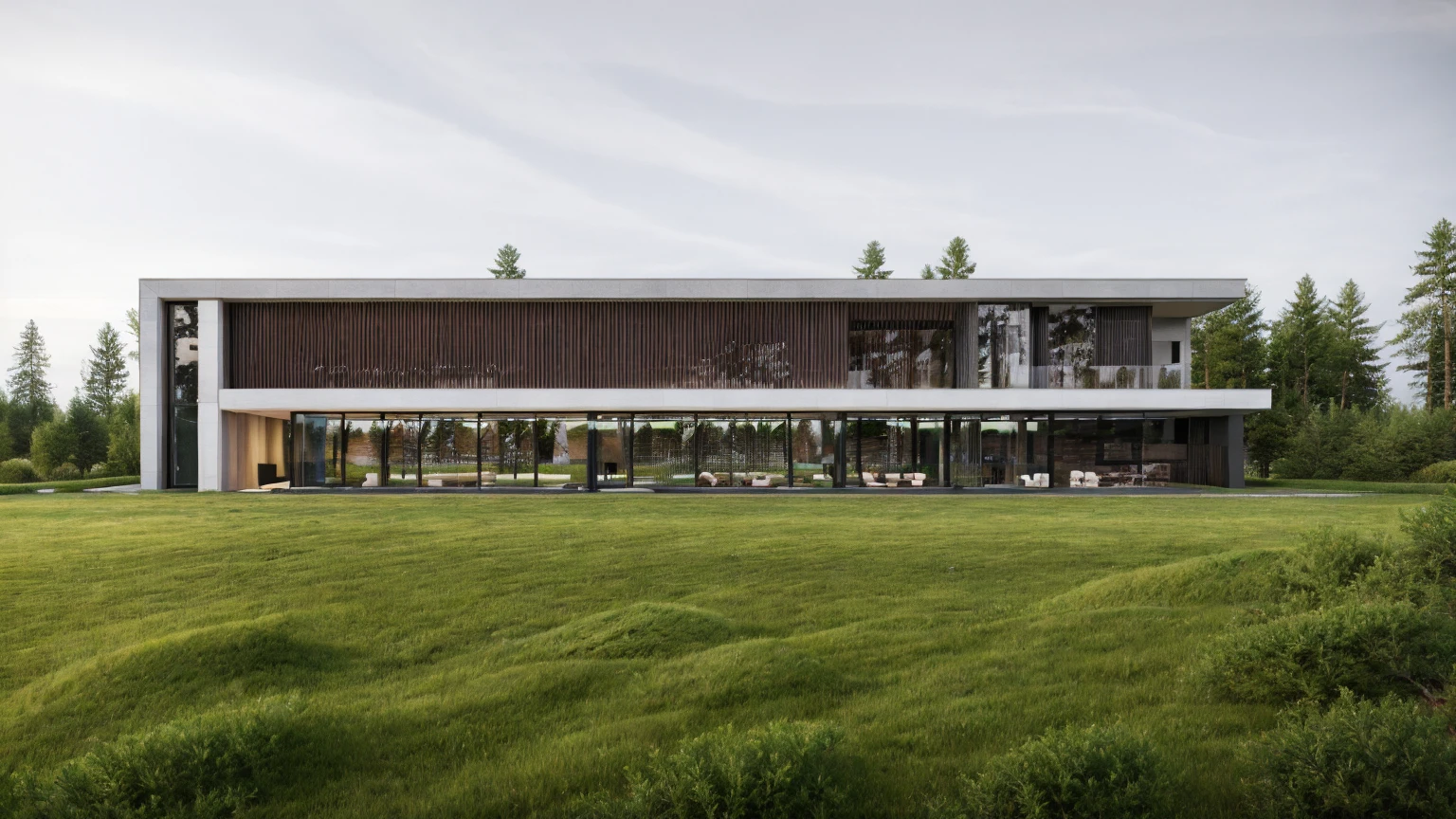 exterior architec ture, Lecorbusier style, white house , plant around the building, sky, trees, the building in forest, surrounded by green grass hills, All pictures are real, 100% real pictures, high quality, clear pictures , hyper realistic, depth of field , modern architecture, minimal architecture , futuristic architecture