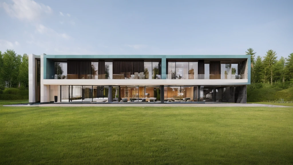 exterior architec ture, Lecorbusier style, white house , plant around the building, sky, trees, the building in forest, surrounded by green grass hills, All pictures are real, 100% real pictures, high quality, clear pictures , hyper realistic, depth of field , modern architecture, minimal architecture , futuristic architecture