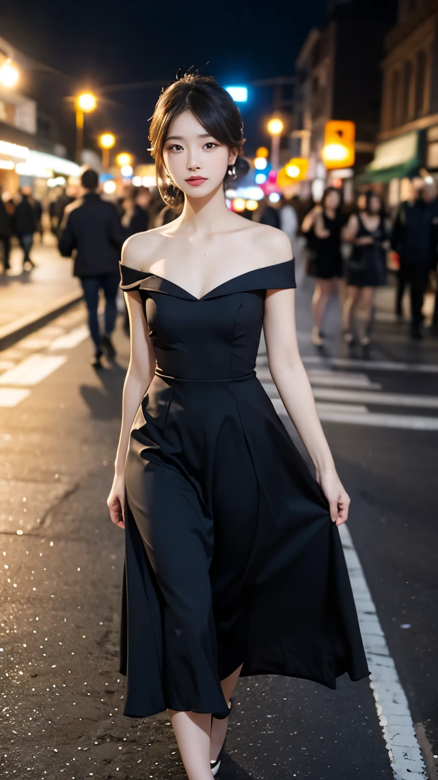 ((Best quality, 8k, Masterpiece :1.3)), 1girl, smiling, full body, slim face, Pretty woman, (Dark brown hair), full length dress :1.1, Ultra-detailed face, Detailed eyes, Double eyelid,  blur background, slim face, city, outside, street,