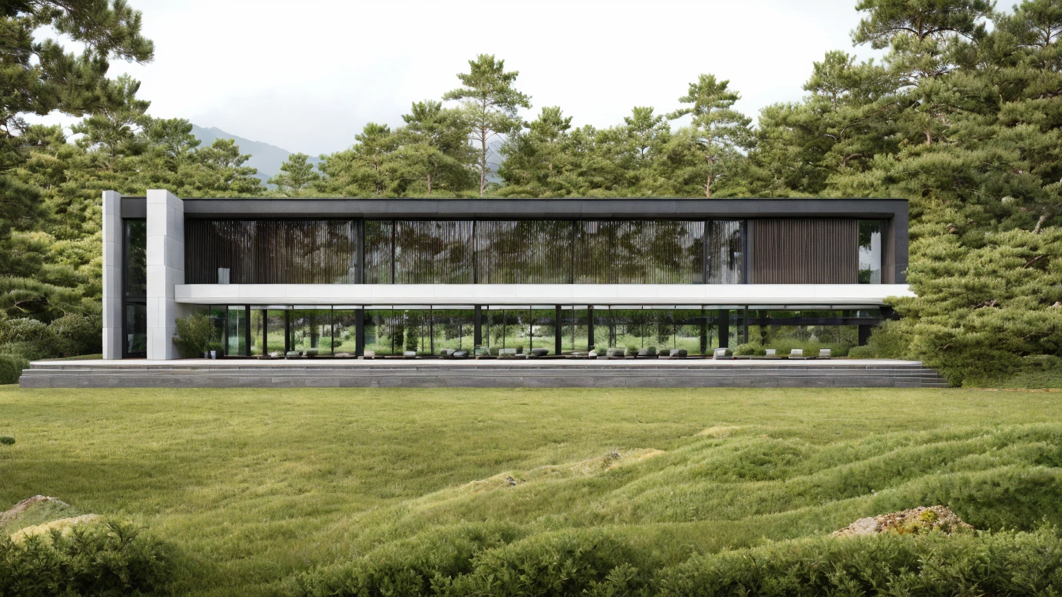 exterior architec ture, Lecorbusier style, white house , plant around the building, sky, trees, the building in forest, surrounded by green grass hills, All pictures are real, 100% real pictures, high quality, clear pictures , hyper realistic, depth of field , modern architecture, minimal architecture , futuristic architecture