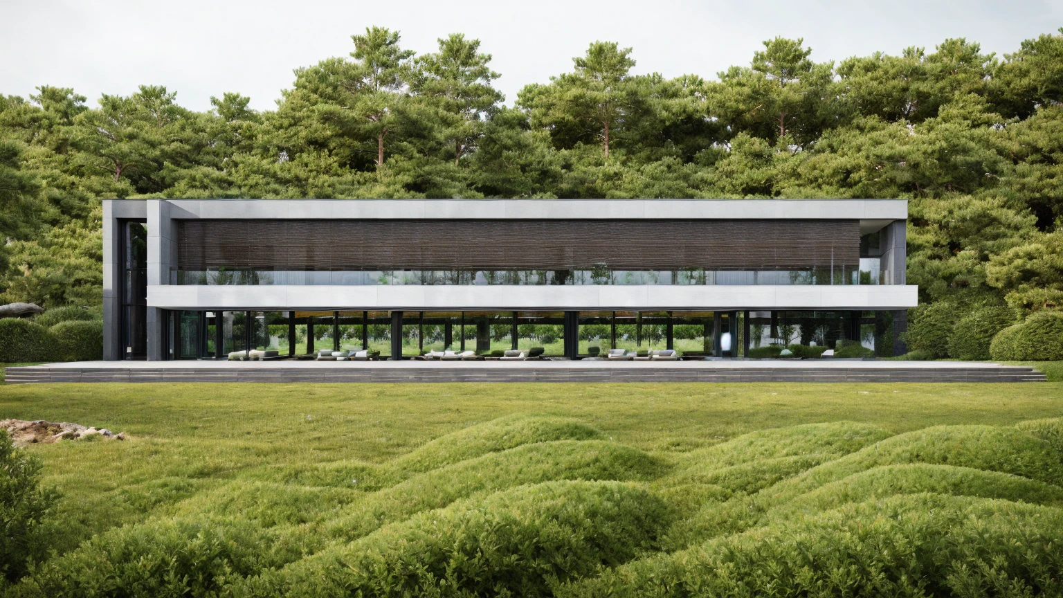exterior architec ture, Lecorbusier style, white house , plant around the building, sky, trees, the building in forest, surrounded by green grass hills, All pictures are real, 100% real pictures, high quality, clear pictures , hyper realistic, depth of field , modern architecture, minimal architecture , futuristic architecture