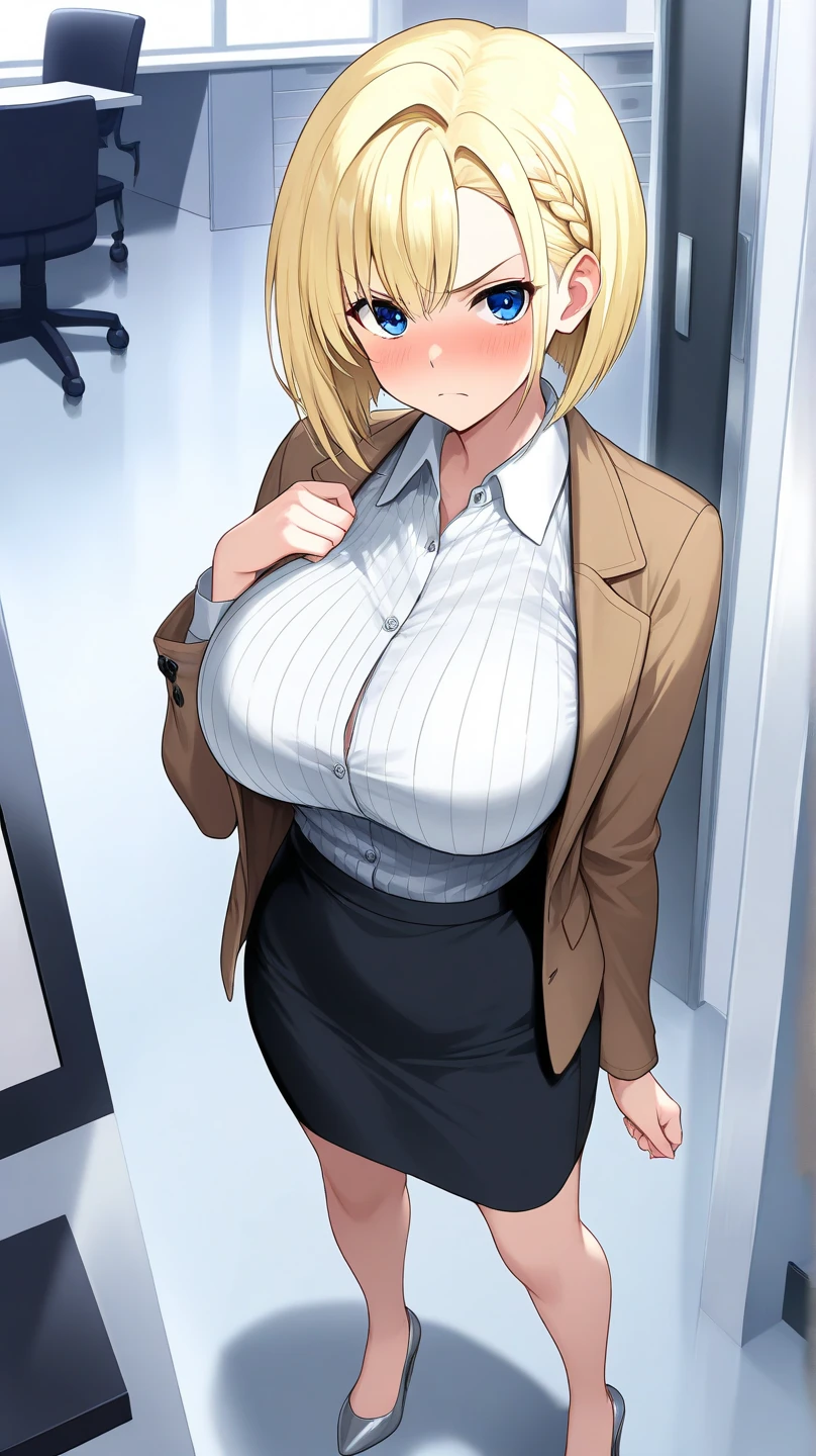 masterpiece, ,(solo:1.1), sexy, office, heels, pencil skirt, milf, big tits, open shirt, bend over, blonde hair, short hair, detail face