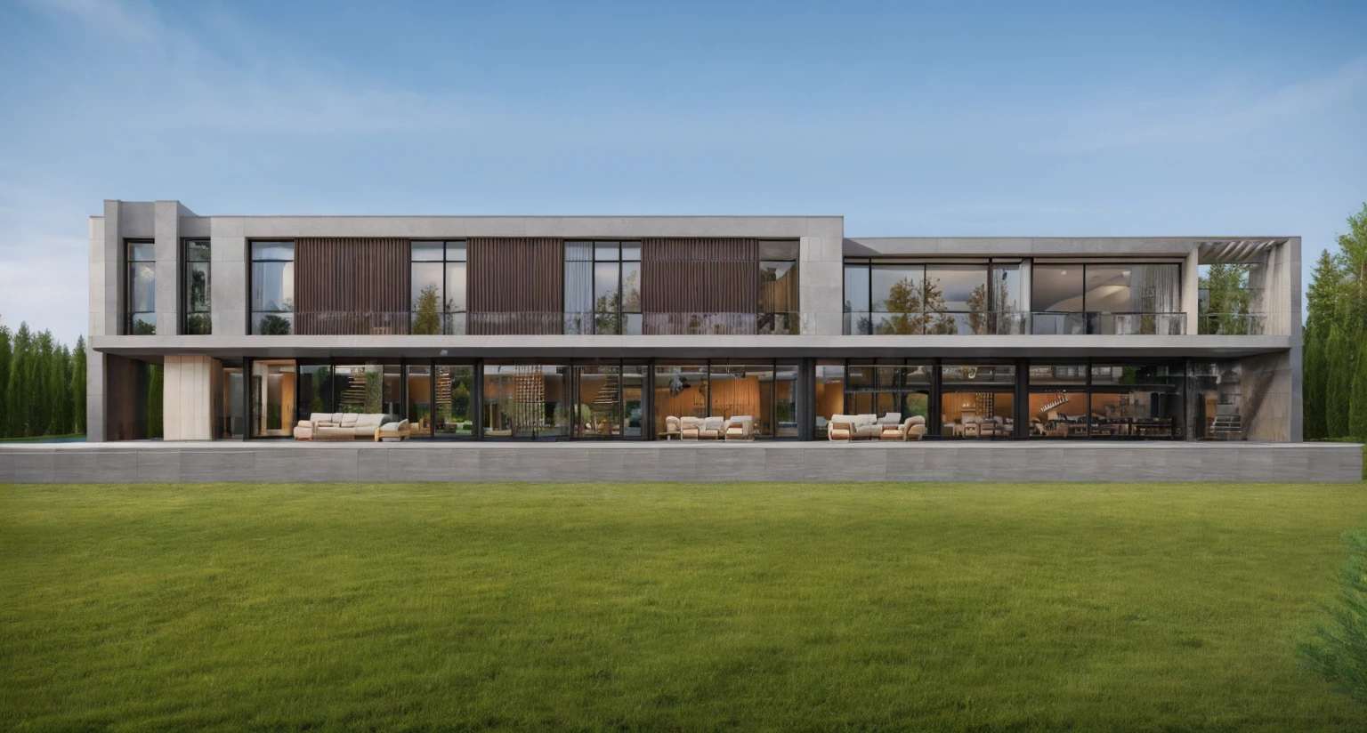 A modern corporate office building 4 storey, exterior architec ture, Lecorbusier style, white house , plant around the building, sky, trees, the building in forest, surrounded by green grass hills, All pictures are real, 100% real pictures, high quality, clear pictures , hyper realistic, depth of field , modern architecture, minimal architecture , futuristic architecture