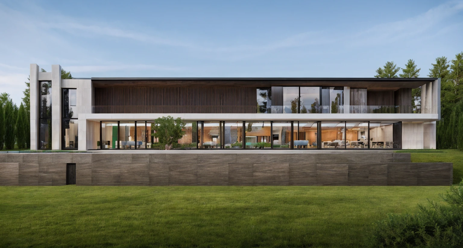 A modern corporate office building 4 storey, exterior architec ture, Lecorbusier style, white house , plant around the building, sky, trees, the building in forest, surrounded by green grass hills, All pictures are real, 100% real pictures, high quality, clear pictures , hyper realistic, depth of field , modern architecture, minimal architecture , futuristic architecture