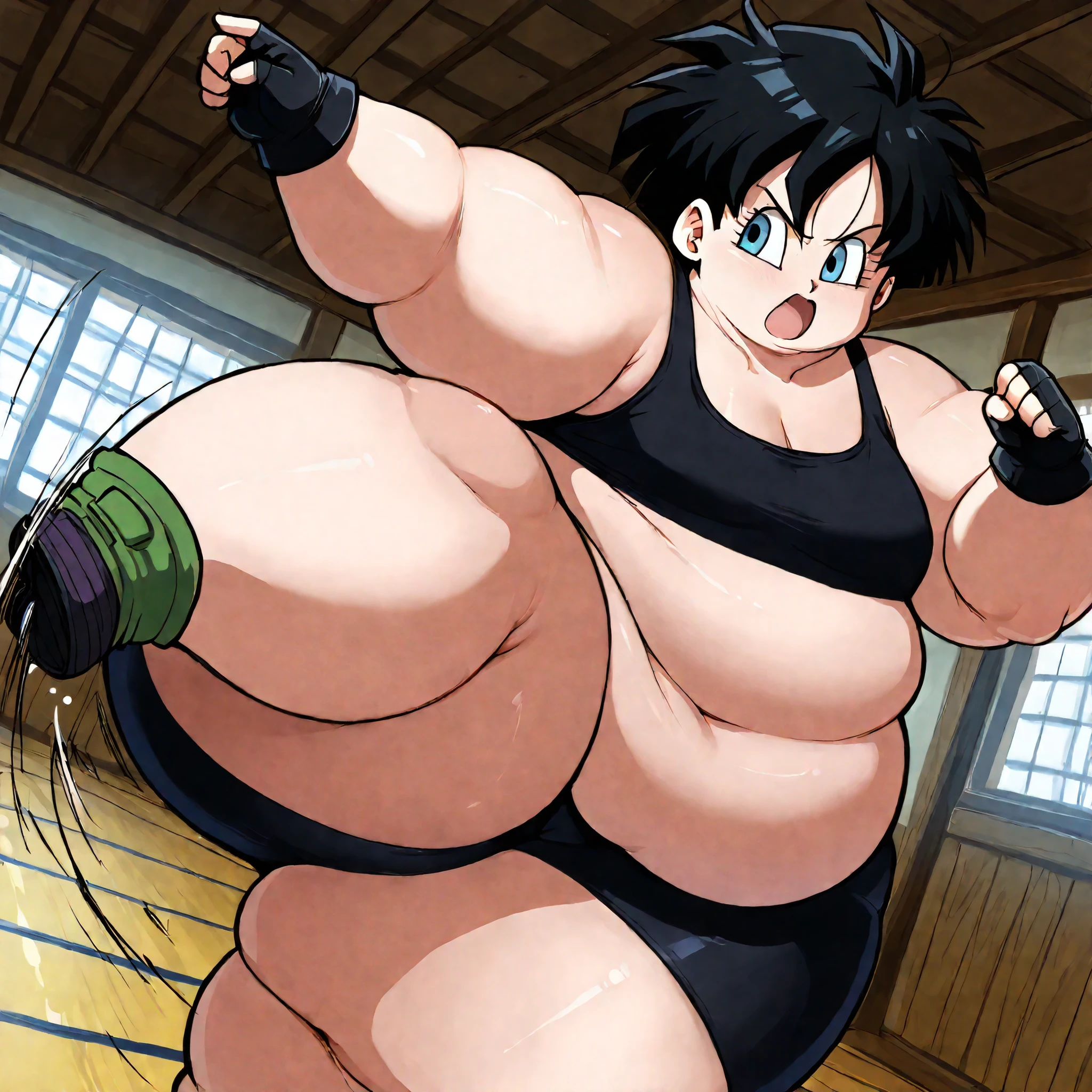 score_9, score_8_up, score_7_up, source_anime,
videl, videl, black hair, blue eyes, eyelashes, shortcut,
bike shorts, black gloves, black legwear, collarbone, fingerless gloves, gloves, black sports bra,
indoors, dojo, cowboy shot, dutch angle, open mouth, fat, chubby, obese, huge hips, chunky arms, fighting poses, one leg kicking, action