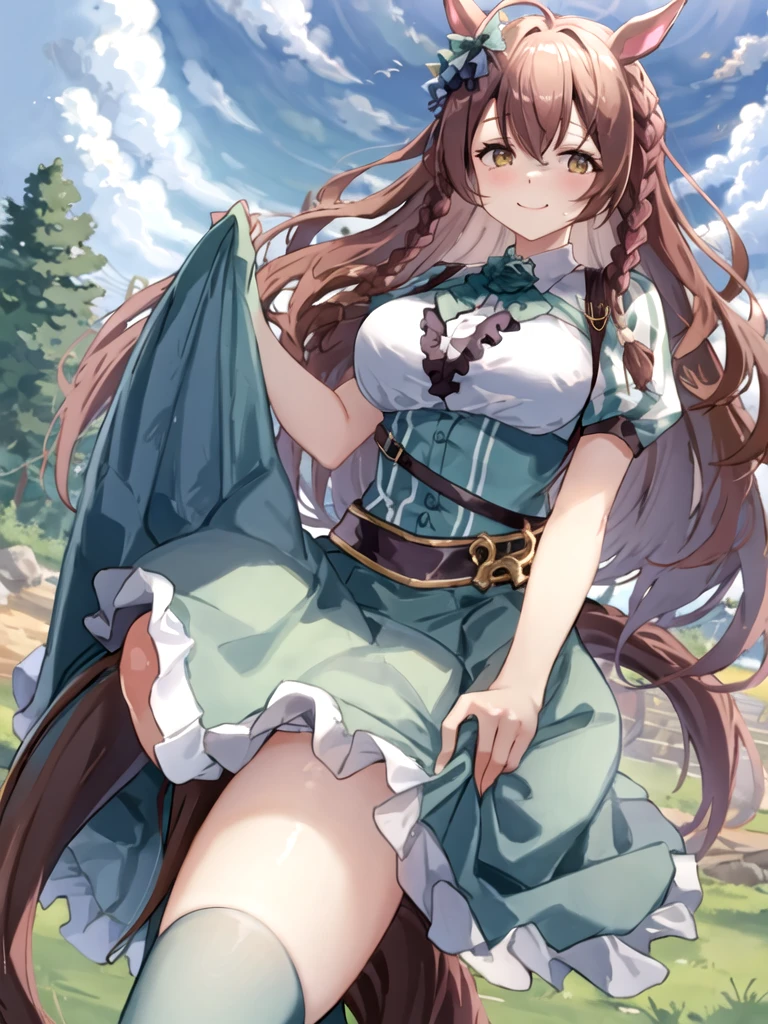 blue-sky,grassy fields,trail,Cute girl,sitting on a curb,Looking up at the blue sky,grin,8K,Ultimate texture,Super shadows,Master masterpieces,Cute 1.5,The upper part of the body