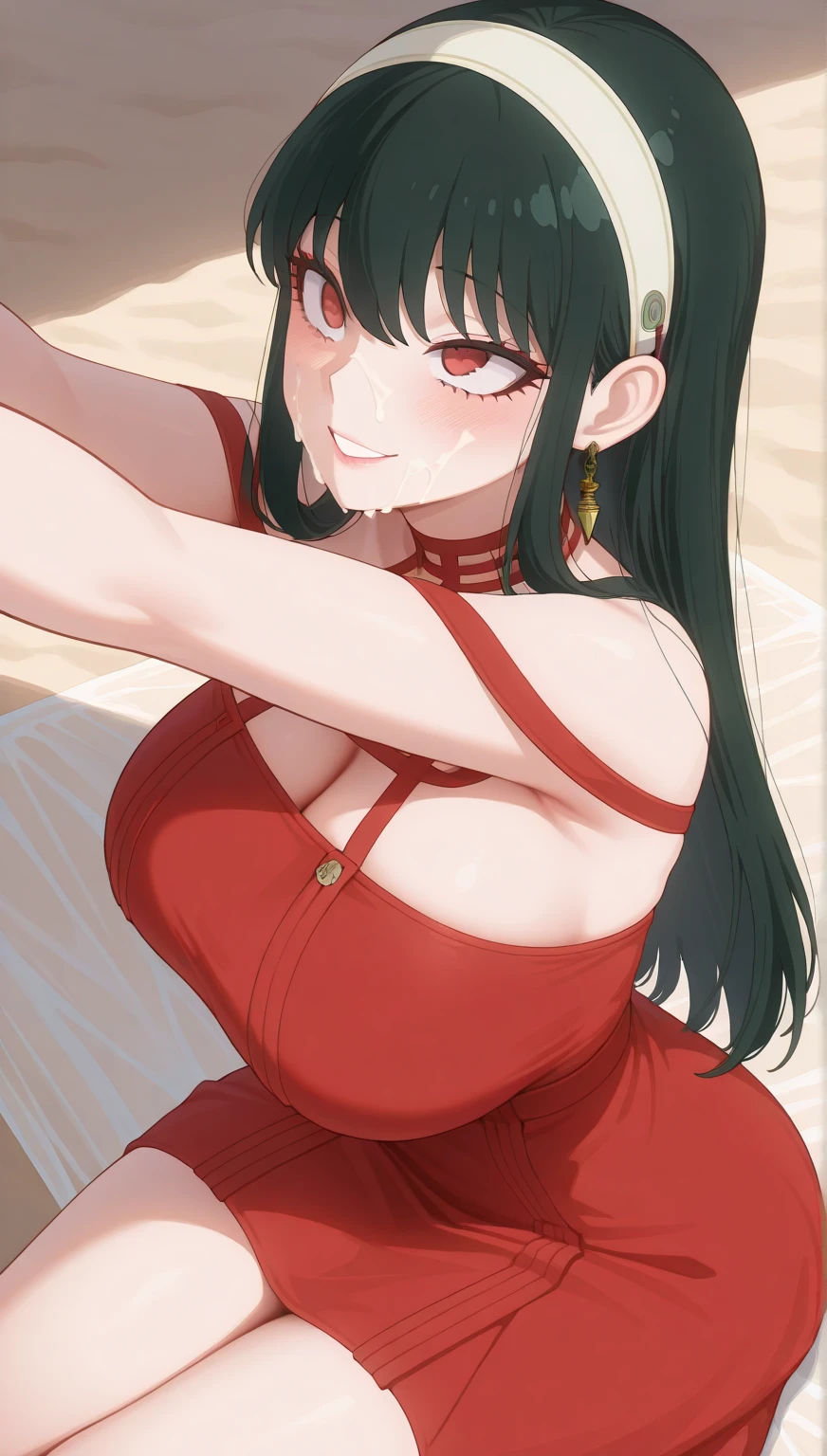 (melhor qualidade:1.3), (qualidade 4K), good composition, green glowing light, full body, head rest, lips, (pretty face, low-tied long hair, ((red_eyes:1.3)), (day:1.2),yor, Grinning smile) ,(((blush))))),  (detailed lighting, extremely detailed skin, extremely detailed hair, shadows, 8k), looking at viewer, (High Key Lighting), jewelry, large_breasts, black towel , wet, sweating, blushing, wearing towel, looking at viewer, entrance, garden, leaning forward, upper body, hands to hips,