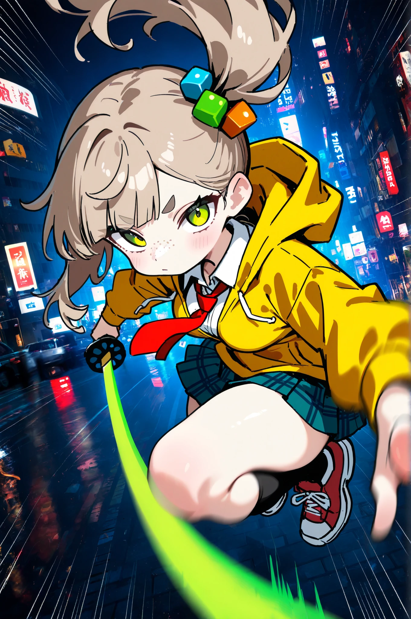 (close-up:2.0), (emphasis lines, motion blur:1.5), street, tokyo \(city\), photo background, masterpiece, best quality、
///hair color/// light brown hair,
///hair style/// long side ponytail hair and colorful beaded hair accessories, (diagonal bangs), (hime cut:0.7), single long sidelock,(masterpiece, best quality, anime style), dynamic dramatic composition, foreshortening ignored, character holding a Japanese katana, the blade pointed directly at the viewer, exaggerated perspective, glowing blade, intense expression, wind blowing hair and clothes, background abstract and minimal, motion blur, speed lines, high detail, cinematic lighting, dramatic shading, bold contrast, close-up from a low angle, over-the-top pose, high impact, eye-catching
///eye color/// green eyes,
///eyebrows/// thick and long eyebrows,
///skin color/// tanline,
///other features/// freckles,
///body shape/// (slender:0.7), (curvy:0.6), , (super model, small head), ((wide , thick thighs):0.6),
///clothing/// school uniform, yellow slim hoodie, zip-up, white collared-shirt, red tie, blue plaid pattern pleated skirt-hem, mini skirt, high socks, shoes,