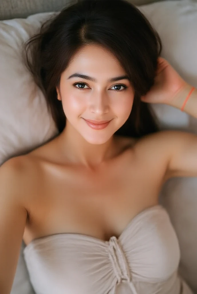 Brown strapless bra, Ukrainian Beautiful Woman, masterpiece, high quality, realistic aesthetic photo ,(HDR:1.2), pore and detailed, intricate detailed, graceful and beautiful textures, RAW photo,16K, (bokeh:1.1), cinematic lighting, cool tone, focus on girl, 1girl, beautiful face, light-smile, smooth skin, juicy lips, eye_shadow, soft large breasts, ultra detailed, (Subsurface scattering:0.8), high resolution, world-class official images, impressive visual, perfect composition, bed room, Medium Hair