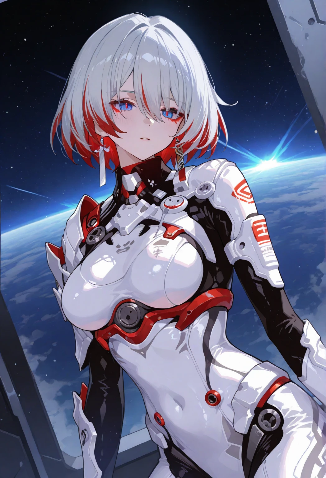 (best quality, masterpiece, colorful, dynamic angle, highest detailed)(\Rei Ayanami\), upper body photo, fashion photography of cute girl (\Rei Ayanami\), red eyes, dressing high detailed Evangelion white suit (high resolution textures), in dynamic pose, bokeh, (intricate details, hyperdetailed:1.15), detailed, moonlight passing through hair, (fantasy background, official art, extreme detailed, highest detailed), HDR+