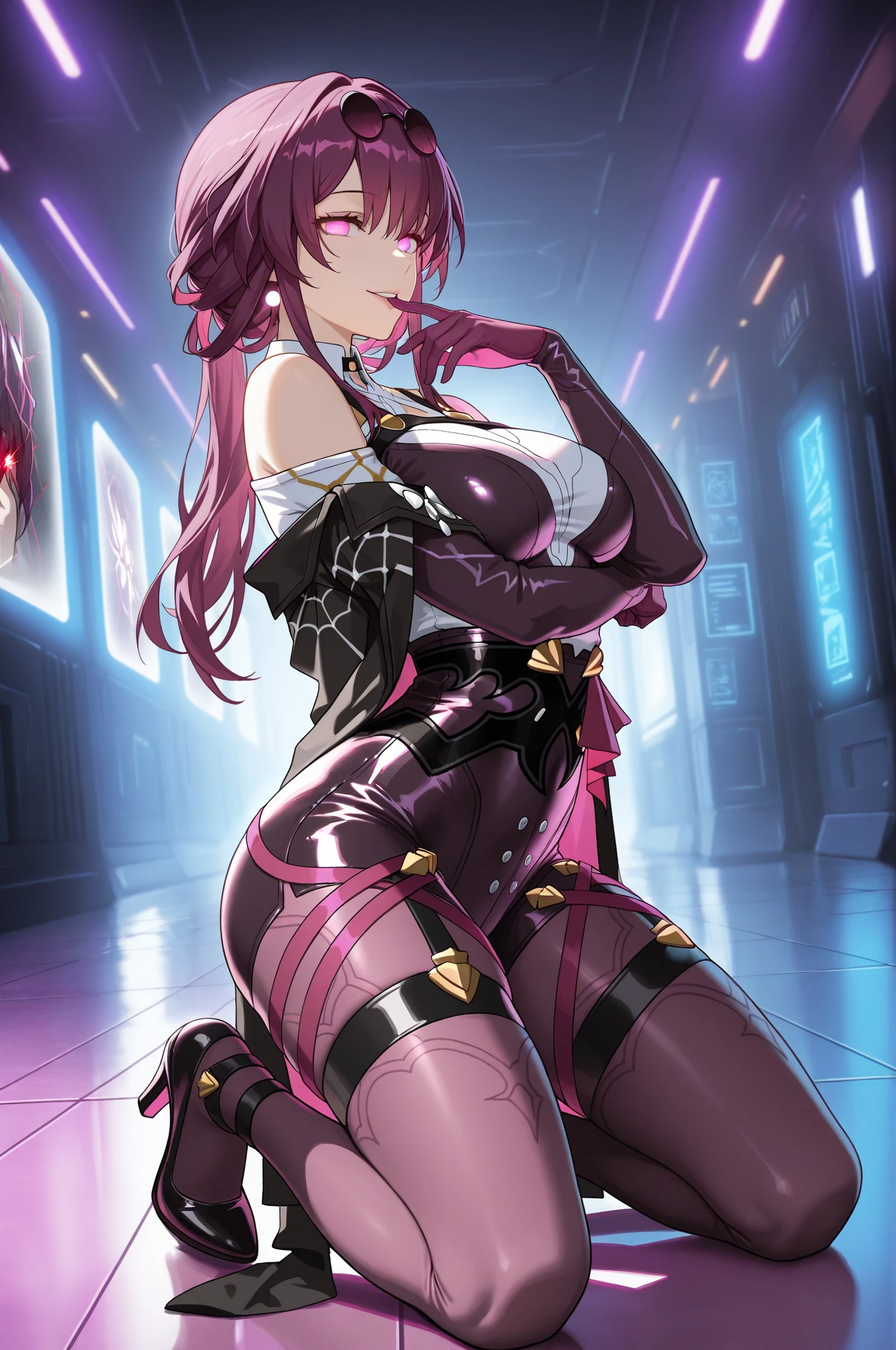 Masterpiece level, highest quality assurance, highlighting the image of 1 girl, official style, fantastic purple eyes and hair, elastic skin, moderate medium shot, looking directly at the audience, clear picture and vignetting effect, detailed and charming eyes (pureerosface_v1:0.5), extremely provocative action, intense star track background, bustling cross-legged, arrogant bangs, horror apocalyptic background, the same color of left and right eyes, (from below:1.5), (one girl:1.5)
