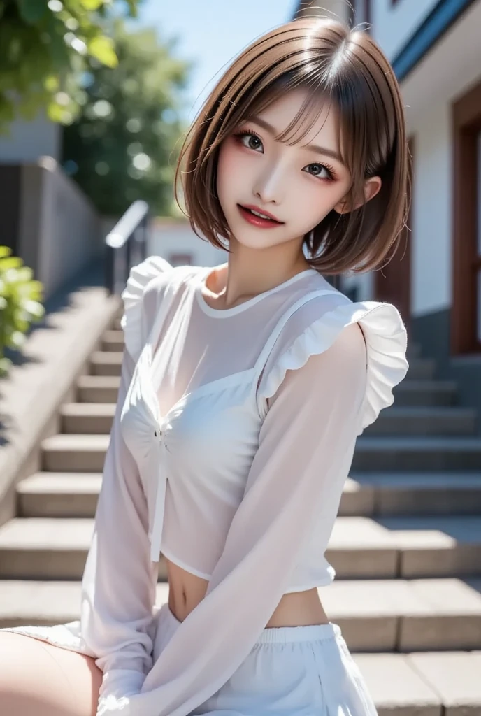 Neat and clean high school girl、((((slim、slender、Flat Chest、Large white silk camisole、White panties))))、Outside the stadium、Realistic、detailed, Skin Texture, 超detailed、Delicate and sexy collarbone、A sloppy smile、スーバーdetailedな顔、detailed唇、detailedな目、Small breasts、Small breasts、、Small breasts、Flat Chest、Accentuate your breasts、Bright Face、((Are standing、スカートからWhite pantiesが見えている、Lift the hem of your skirt slightly with both hands..,,)), Short hair with bangs、Straight Bob Hair、Angle from quite a top、16 years old