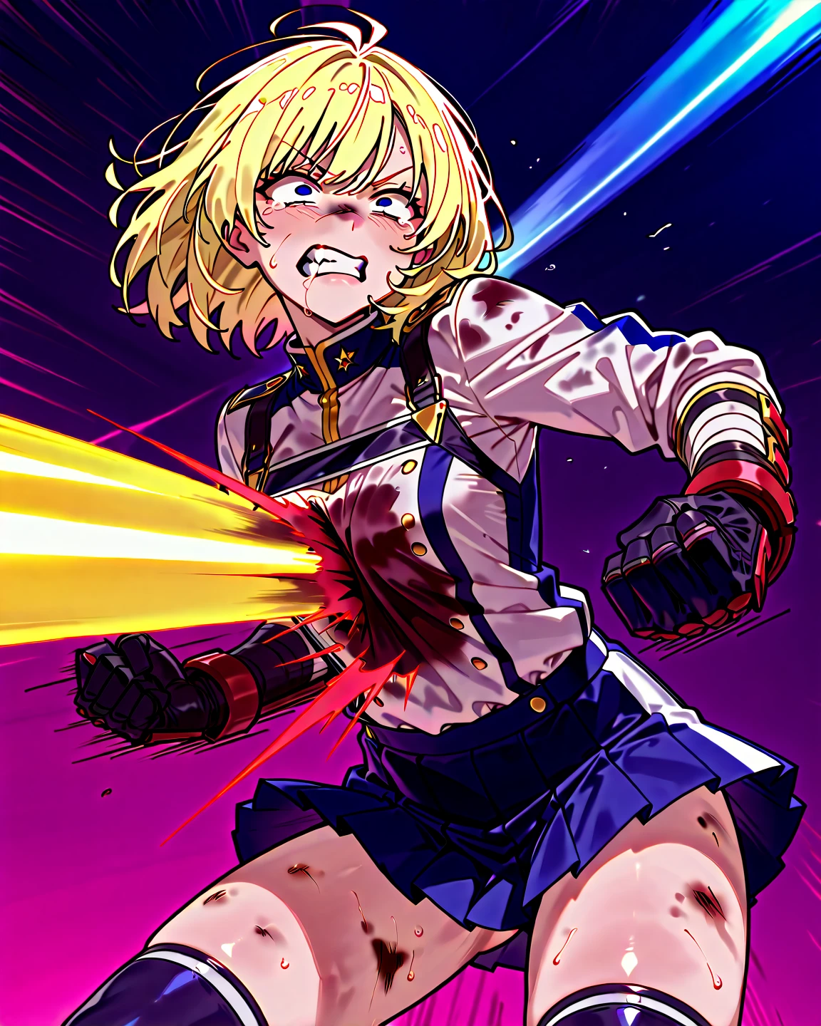 (masterpiece, best quality), 1girl, HimikoU1, double bun, sidelocks, , sailor collar, red neckerchief, slit pupils, sharp teeths, pleated skirt, serafuku, cardigan, long sleeves, blue saillor collar, yellow eyes