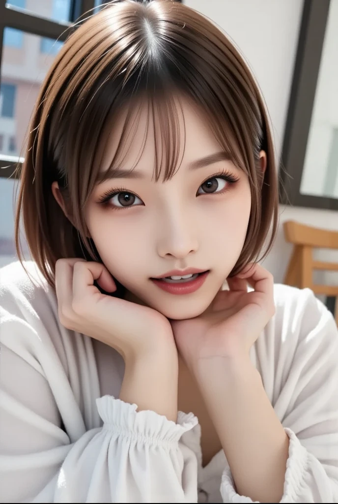Tabletop, Highest quality, shape, Very detailed, High resolution, 8k wallpaper, Perfect dynamic composition, Ultra detailed face, Natural Lip , Cleavage, (The eyelashes on both eyes are equal and beautiful.), looking at the camera, Izakaya, (whole body)