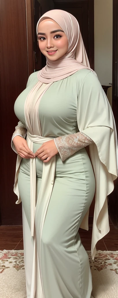 1 malay girl, modern plain hijab, shy, medium portrait, watery eyes, wearing pastel green kebaya, ((big breasts)), black bokeh background, well-proportioned body,, chubby massive thighs, full body pose, Hena art on the body, hena art oada face
