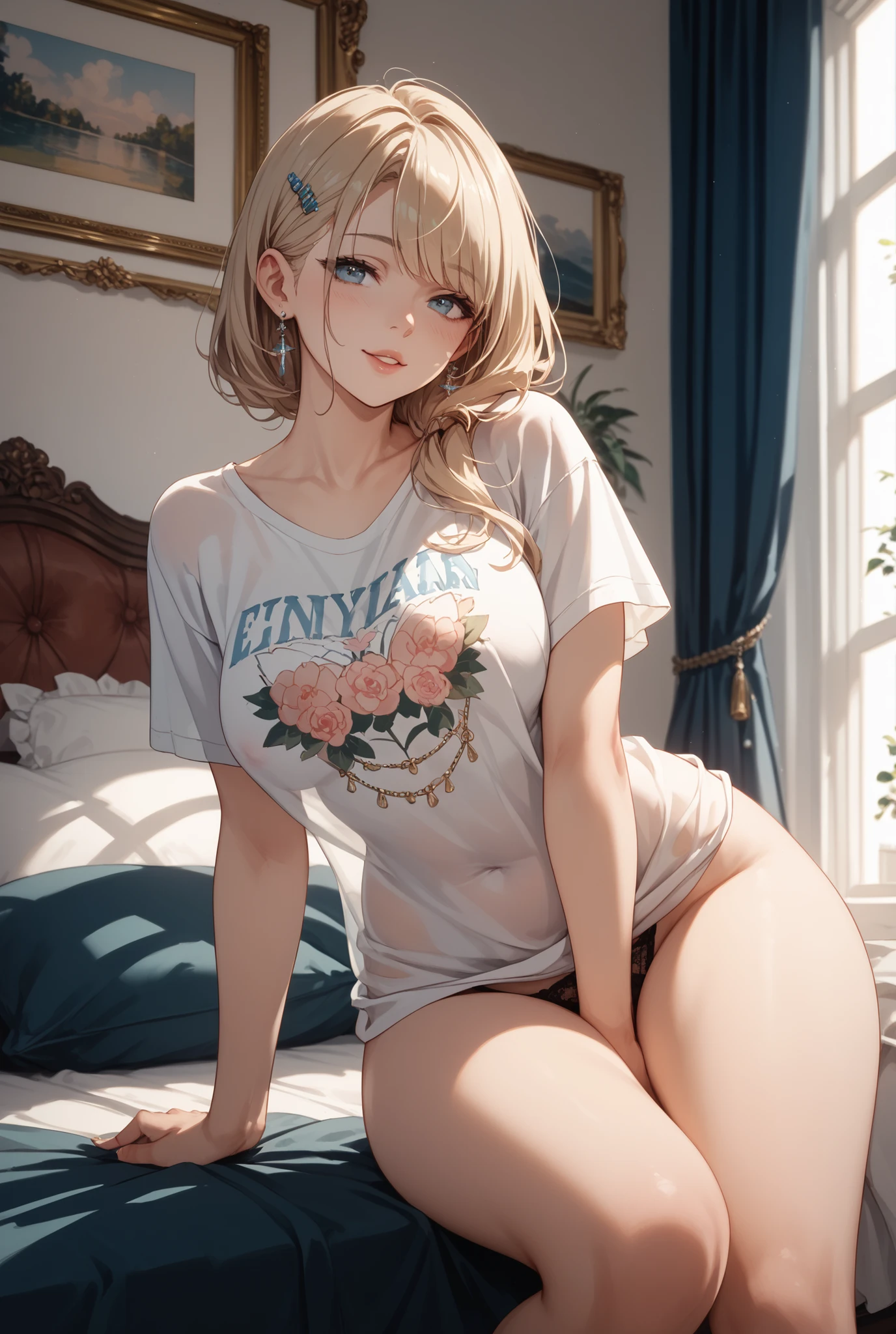 mini skirt,Crouched View,Open shirt,((Small Bust)),Nipples,Expose the inside of your legs,White panties,Luxurious Room