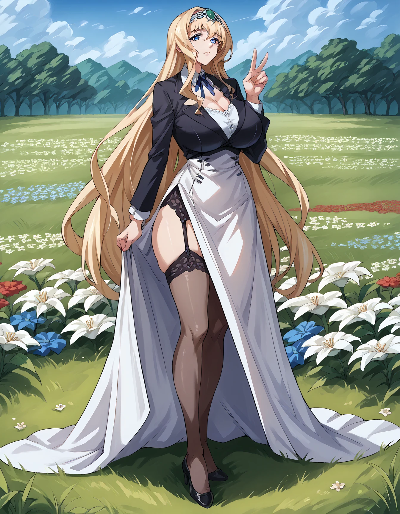 masterpiece, best quality, <lora:spaphrodite-nvwls-v1-000009:1> spaphrodite, tiara, circlet, hair flower, lipstick, huge breasts, dress, full lips, from behind, furrowed brow, smirk, looking at viewer, ass, garden, bending over
