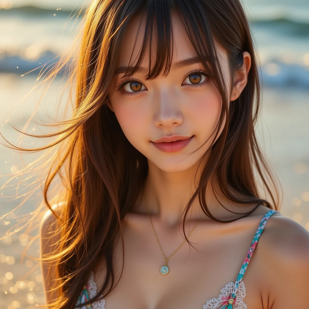 highest quality、genuine、Super detailed、finely、High resolution、8k wallpaper、one beautiful woman、、、light brown disheveled hair、wearing a pink tank top、sharp focus、perfect dynamic composition、beautiful and detailed eyes、thin hair、Detailed genuine skin texture、smile、model body shape、In a seaside、The person is small