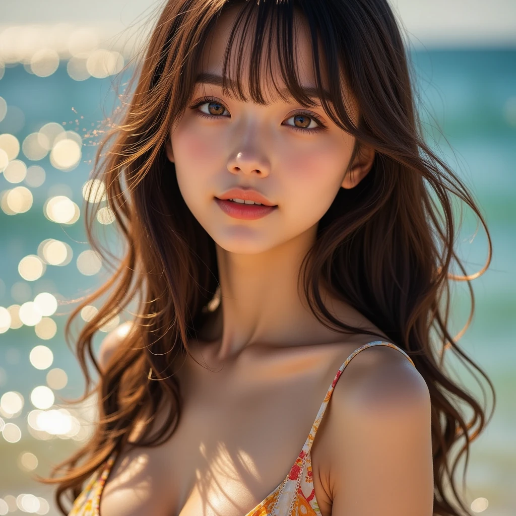 (Masterpiece, BestQuality:1.3), (ultra detailed:1.2), (hyperrealistic:1.3), (RAW photo:1.2),High detail RAW color photo, professional photograph, (Photorealistic:1.4), (realistic:1.4), ,professional lighting, (japanese), beautiful face, (realistic face), cute woman, (Brown Hair, Big Breasts:1.2), (Smile:1.7), Trending Hair&Trending Hairカラーをランダムに, sexly, erotic sexly, Random sexy gravure poses, (A beautiful woman wearing a black high-cut swimsuit、Posing provocatively on a rocky beach。Ocean waves crashing in the background。:1.2), Beautiful location, (Detailed Background):1.2))