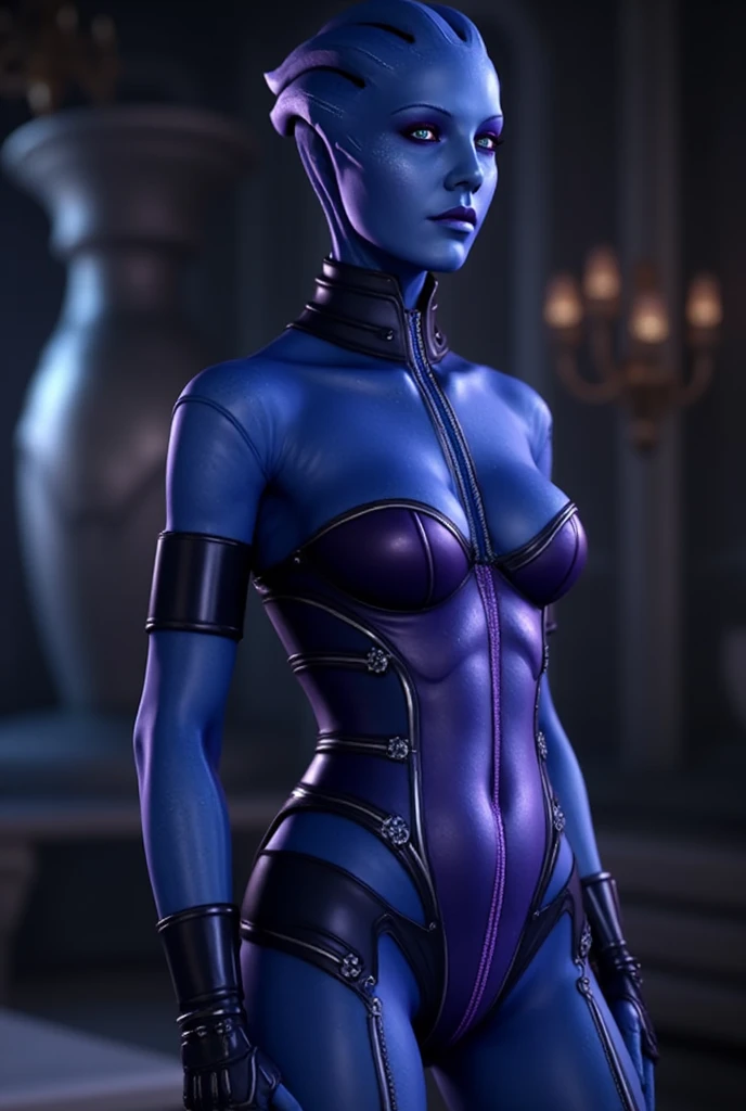 liara, asari, woman with blue eyes wearing bra, skin tight sleeves, bust shot of torso, cleavage, big chest, seductive smile, cinematic lighting, masterpiece, 4k, modelshoot, <lora:liara-me:0.6>