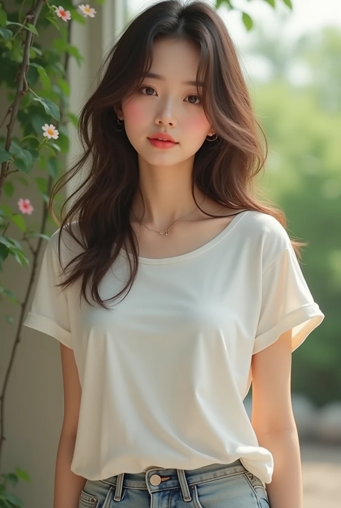 (Highest quality, A high resolution, Masterpiece:1.3) Dusk, Sunset, A girl, 19years old, short cut, pony tails, White shirt, White sneakers, Denim miniskirt, hentail realism, ultra - detailed, MuCoi, Rest sit on the riverbank, Hold your cheeks with both hands, Upper body, Face focus, looki at viewer, brunette color hair, Blue eyes, Break the dynamic light and shadow, A high resolution, foco nítido, depth of fields, A detailed eye