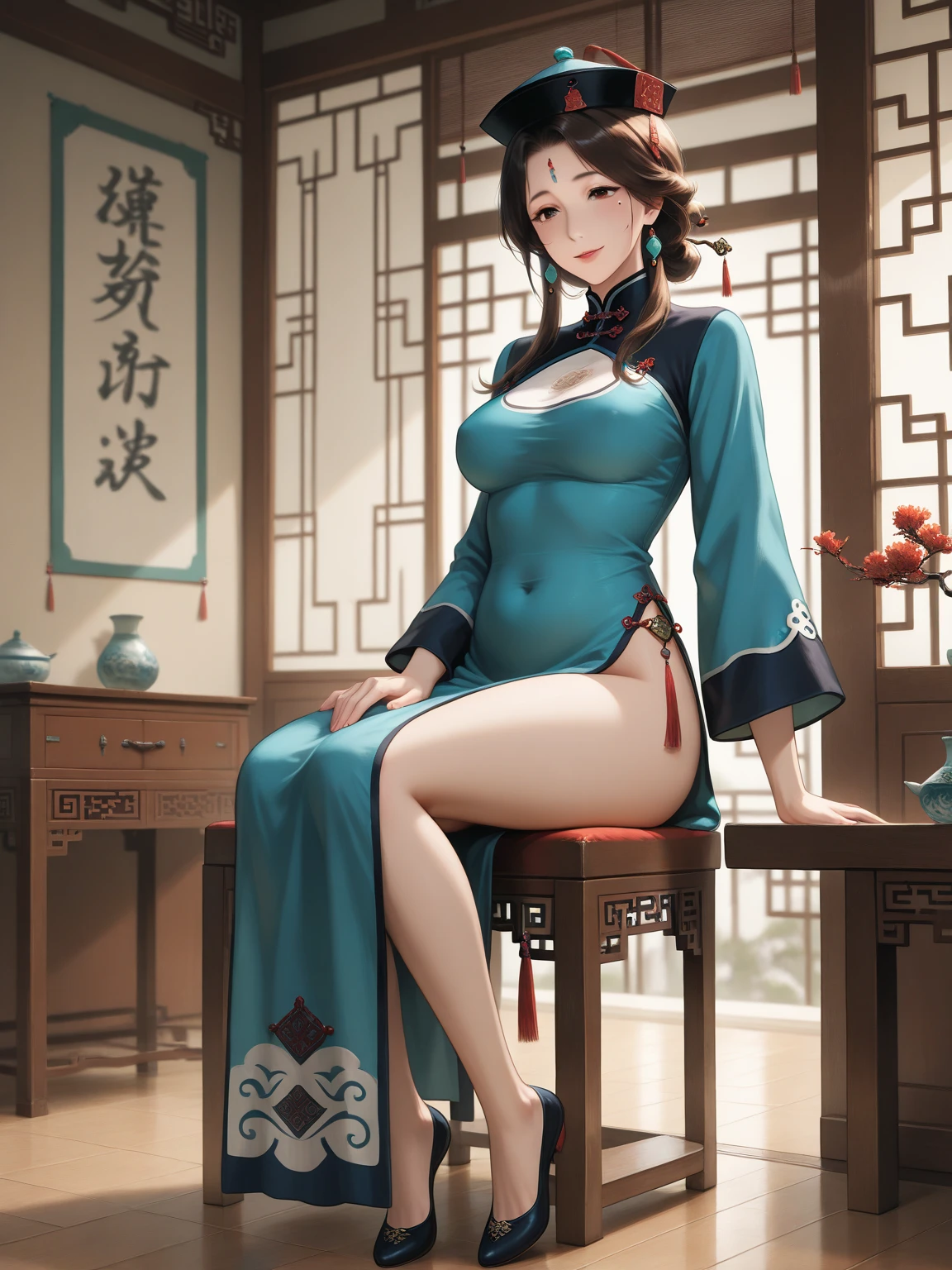 Chen Uen style,top-quality,delicated face,ighly detailed,lovely,lovely face,sweat,double eyelid,disproportionate breasts(woman),(puffy pussy),(pussy juice), kneeking,(large ass1:1),wearing Gorgeous dresses with intricate patterns and ethnic costumess,(pervert),doodling on one's buttocks((ass shot))