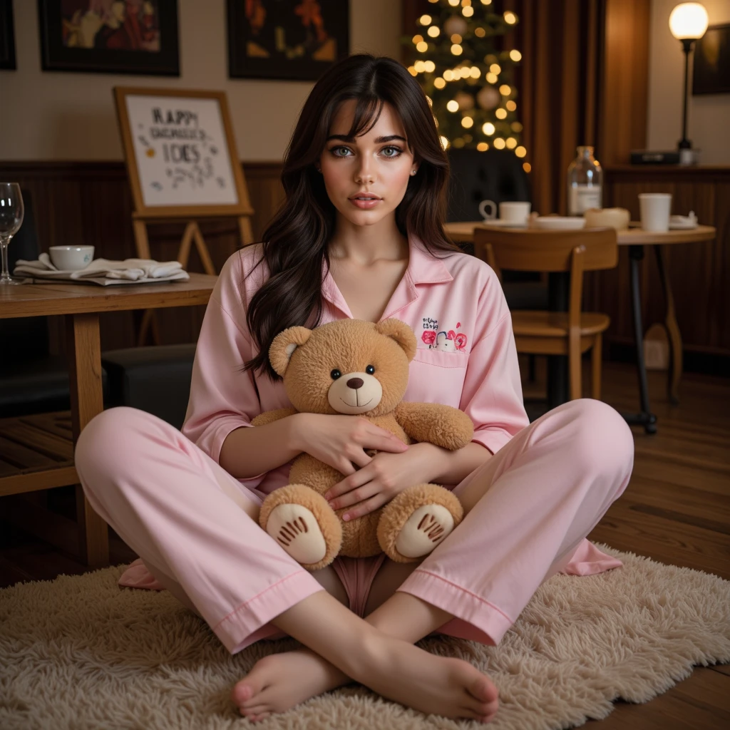 Latina high school girl in her pajamas surrounded by stuffed animals 