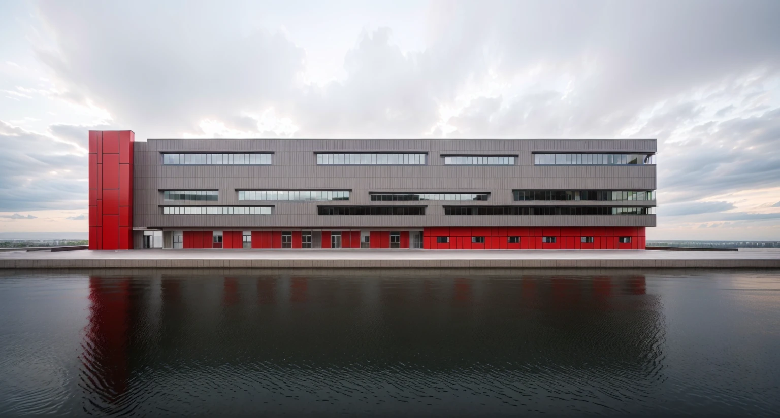 office building 4 storey, GREY and red color wall, [few windows] , [few glass wall], structure CONCRETE WALL, minimalist and clean architectural style. The structure is multi-story with wide windows, minimal glass facade, All pictures are real, 100% real pictures, high quality, clear pictures , hyper realistic, depth of field , modern architecture, minimal architecture , futuristic architecture