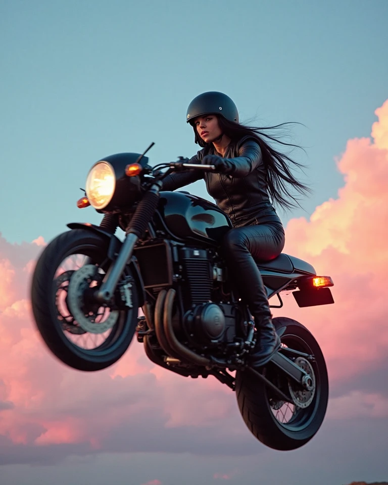 Surreal, mystery, Strange, fantastic, fantasy, Science Fiction, Japanese Anime, Motorcycle parked in the air, Beautiful Rider，Tight cycling jersey, Perfect plump body, Blue sky, cloud, Detailed masterpiece，Aerial View，Clear focus lighting
