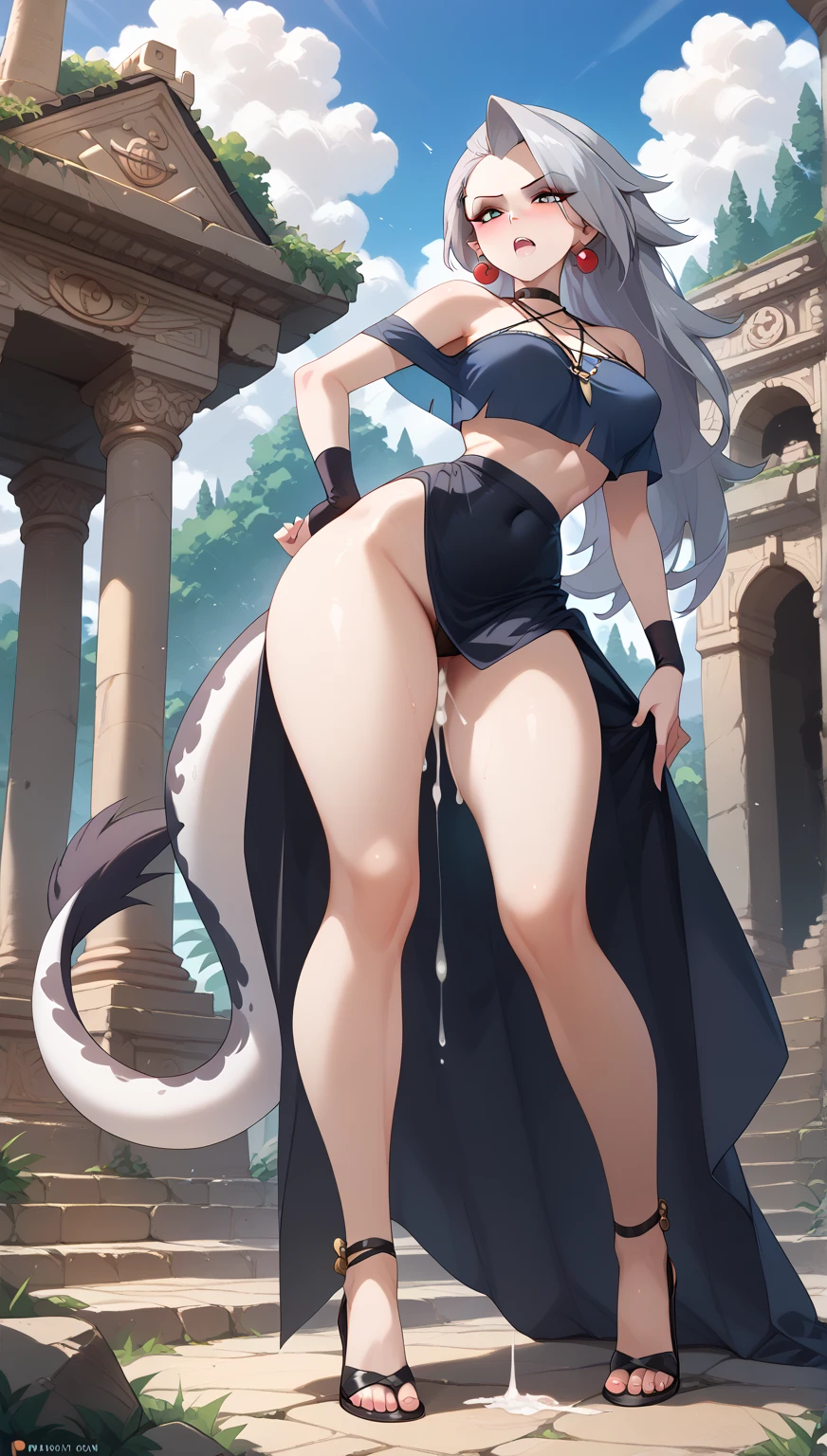 ((Highest quality、unity 8k wallpaper、32k、masterpiece、Very detailed、Ultra-high resolution、Ultra-high resolution、 Very detailedな顔, RAW Photos, Professional, Ultra-fine painting, Anatomically accurate lizard man)) Kotegawa Yui morphing into lizard, Completely naked, kotegawayui, black long hair, yellow eyes, A magnificent long lizard tail, (Extending from the spine、Tail extending from the tailbone, Tyrannosaurus foot with sharp claws), Fine blue scales that grow like thigh-length socks, Fine blue scales that grow like long gloves , Long nails), Nipples are fully visible, ((There are fine scales on the sides, Fine blue scales around the waist, Scales on the back, Scales from flank to thigh)), The boundary between the scales and the skin is unclear, full body, standing、front