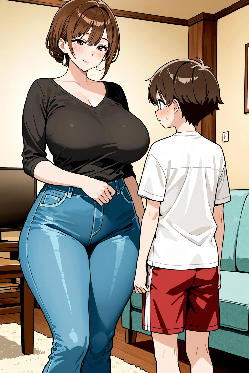masterpiece, best quality, child, sisters, siblings, age difference:1.4, 2girls, size difference, height difference, (1girl, older girl, onee-san, big sister, medium hair, light brown hair, grey eyes, black shirt:1.4, long sleeves, pants, denim, tight shirt, see-through, big breasts, narrow waist, wide hips), (1girl, very short hair, brown hair, brown eyes, red shirt, short sleeves, black shorts), indoors