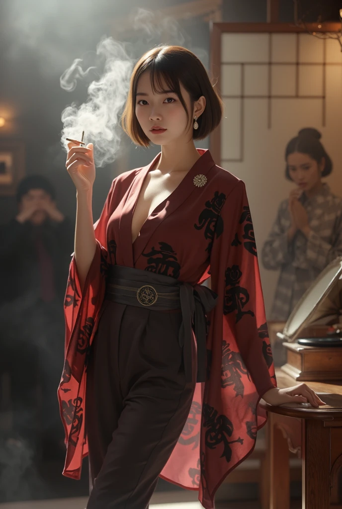 ((((8K))),((Extremely detailed CG)) ,(wallpaper),16K,((Extremely exquisite and beautiful)),(((masterpiece))),(((Best quality))),(((超high resolution))),Beautiful light,Perfect Lightning,Realistic shadows,[high resolution],(Smooth and flawless fair skin:1.5),(Pale skin:1.3),Extremely delicate facial details,(Perfect body:1.1),Extremely detailed,((A beautiful girl,Solitary)),(Now chanting Buddha:1.3),(Small head:1.2),(short hair:1.5),(Small face:1.2),Exquisite makeup,(Small Breasts:1.2),(flat chest:1.2),(Slim,Thin),Happy,(Smile:1.2),(Buddha bead necklace:1.3),(collar:1.3),(Gorgeous brown robe:1.5),(Brown shirt:1.3),(There are also brown ones:1.3),(Night view:1.5),(indoor:1.2),(In the main hall of Donga Temple:1.5),(Dim Lights:1.2),(Detailed background:1.5),(permanent:1.3),(Put your hands behind your back:1.3),(Upper Body:1.3),(From the front:1.3),(cigarette:1.3),(Surrounded by a crowd:1.5),(spring:1.2)