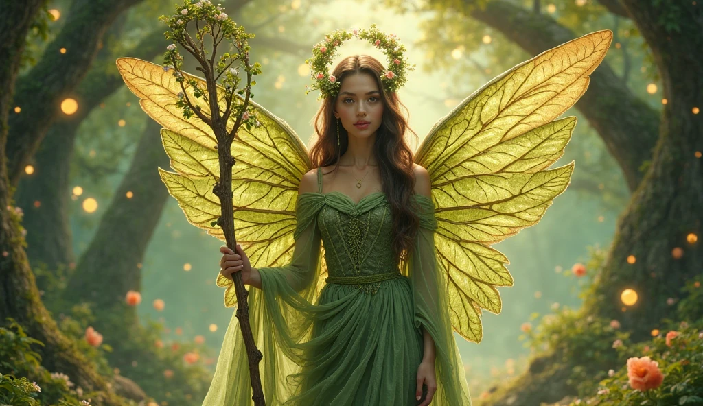 (medium full shot) of (elemental dryad) forest spirit, adorned in earthy brown feathered woodland vest, velvet woodland pants, moss slippers, golden eyeshadow, carrying a herbal pouch, set in a vibrant forest, with colorful flowers, chirping birds, buzzing insects, dappled sunlight, at dawn, ,Masterpiece,best quality, raw photo, realistic, very aesthetic, dark