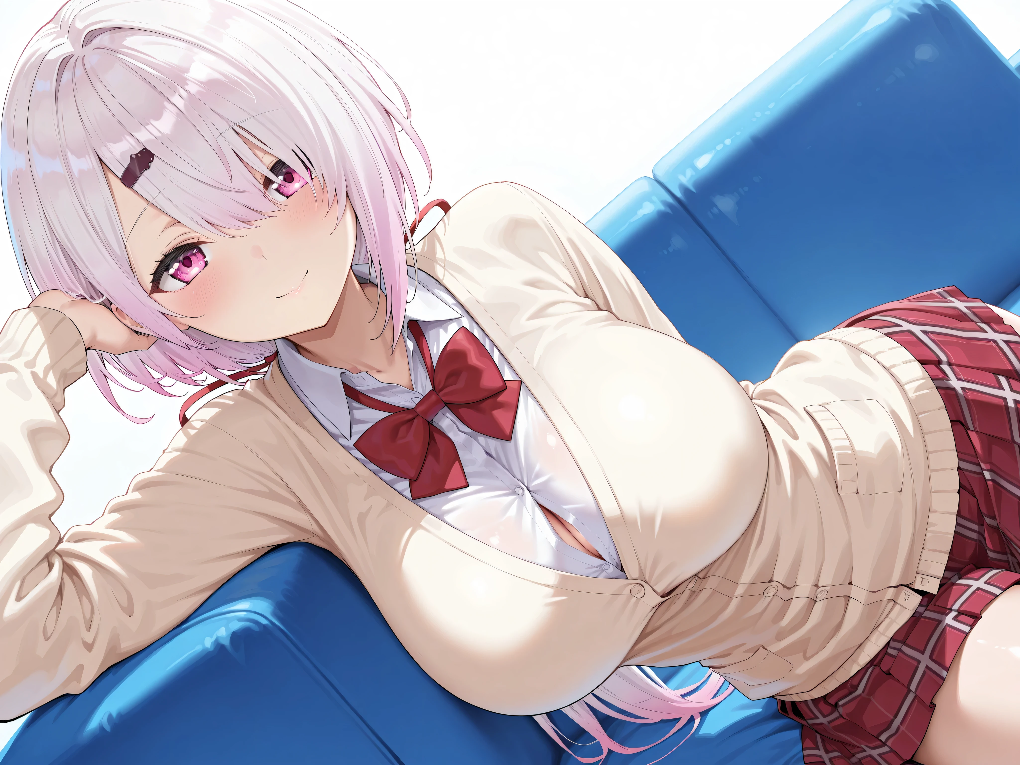 solo,masterpiece,best quality, amazing quality, highres, absurdres, very aesthetic, high resolution, ultra detailed, perfect details,nijiyuika,large breasts,pink eyes,gradient hair,light pink hair,white hair,round face,long hair,hair over one eye,low ponytail,hair ribbon,hairclip,nijiyuikacos,white shirt,collared shirt,red bow,cream-yellow cardigan,red skirt,miniskirt,plaid skirt,pleated skirt,