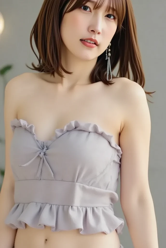 a woman in an elegant white gown,in front of a modern brutalist structure,1 woman,.Korean idols, japanese beauty, high quality, detailed face, five fingers, best quality,The background features the textured surface of raw concrete.