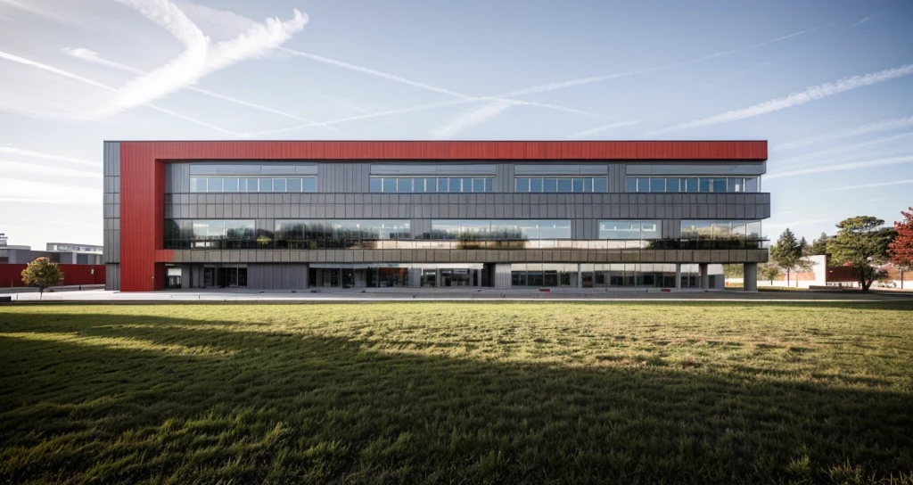 office building 4 storey, GREY and red color wall, [few windows] , [few glass wall], structure CONCRETE WALL, minimalist and clean architectural style. The structure is multi-story with wide windows, minimal glass facade, All pictures are real, 100% real pictures, high quality, clear pictures , hyper realistic, depth of field , modern architecture, minimal architecture , futuristic architecture