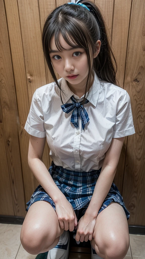 (masterpiece, best quality:1.2), a hyperrealistic schoolgirl, solo, 1girl, yukinoshita yukino, (shiny skin, wet skin:1.2), sweating, slight smile, looking at viewer, on all fours, school uniform, white shirt, plaid skirt, thighhighs, afternoon, classroom hyperrealistic schoolgirl