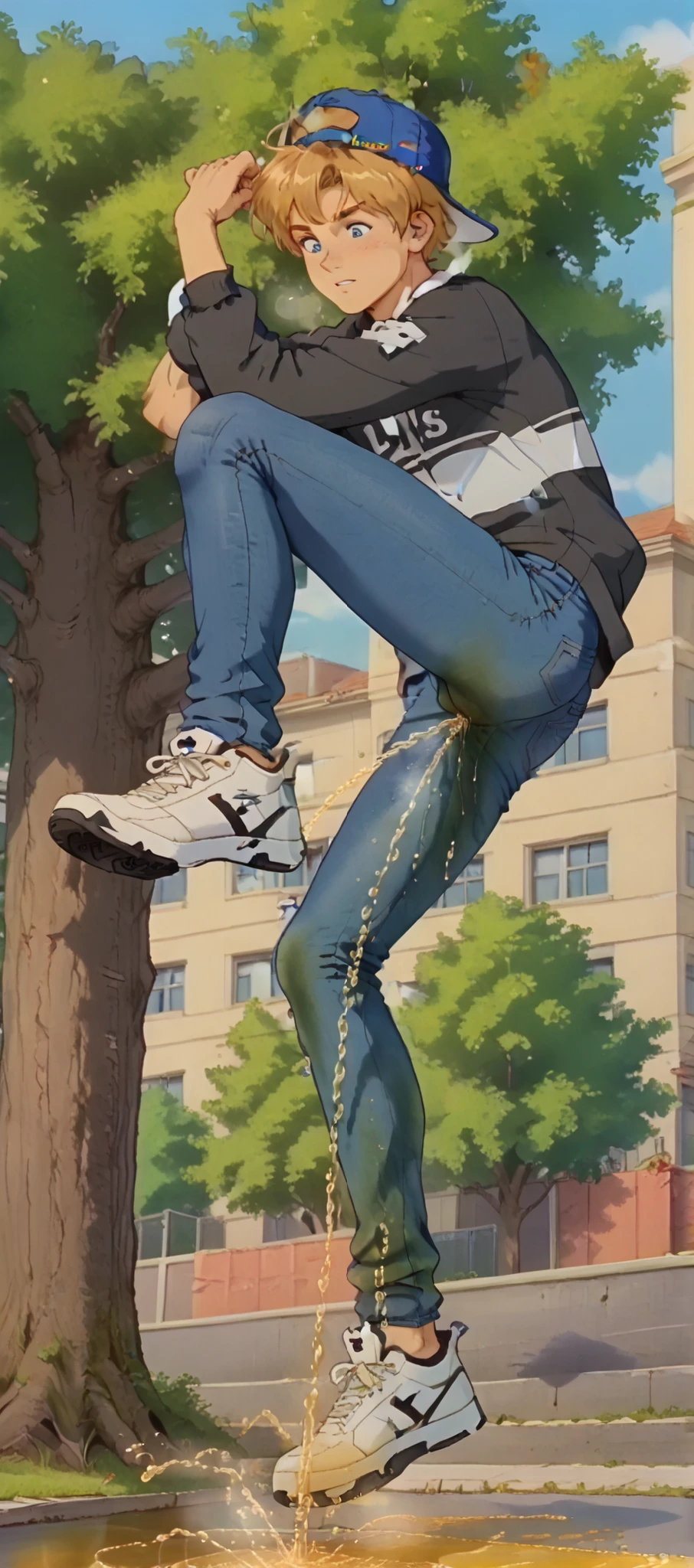 Slim boy 1boy, wearing hoodie, (a pair of washed-out skin tight jeans leggings:1.5), converse ( high sneaker-boots x-hi1.8), (legs spread, medium length), (bottom view), standing at the beach, he too lazy to use bathroom (pooping self:1.8), (pooping:1.8) (dynamic angle, standing pose:1.2), outdoors, (have to poo) Close-up on pants. The denim leggings hug his legs tightly, accentuating every curve and muscle. A long, hard piece of excrement protrudes from a small hole between the back pockets of his jeans, tearing the seam underneath.
