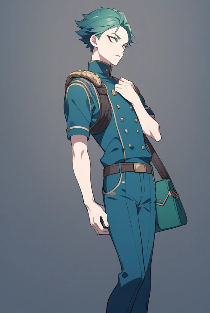 1boy,guy,Walking, facing backwards, camera angle from behind, photo from behind, looking away,, blue army uniform,,Looking away,18 years old,Curly hair,medium hair,undercut hairstyle,light brown hair,,ultra detail,masterpiece,full body photo