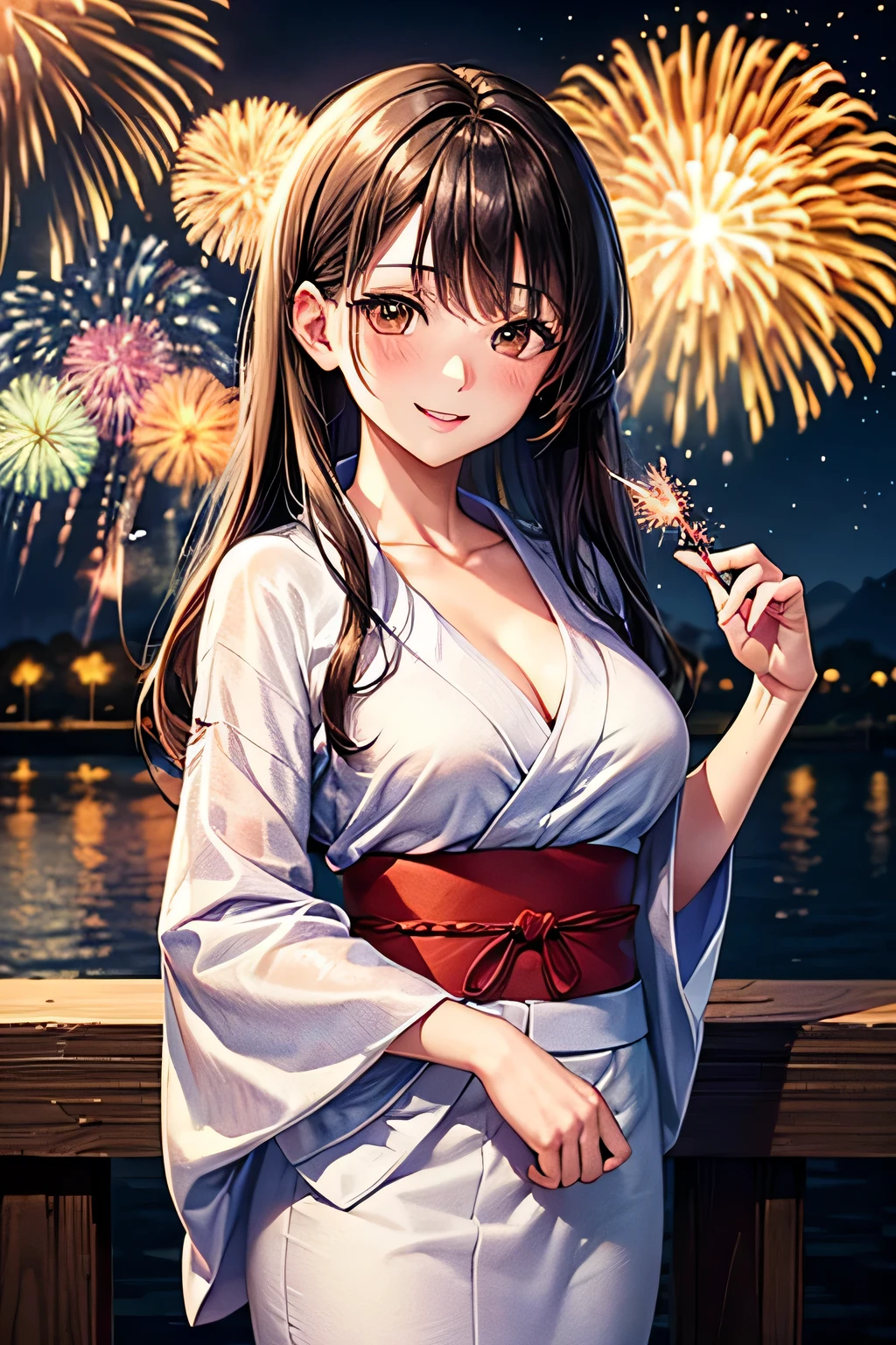 (beautiful mature adult woman),(flower hair ornament,floral braided top knot,twisted side part ponytail,floral braided headband,half up、floral braided space buns,voluminous fishtail braid,Twisted pan,),(The bangs are see-through bangs),very delicate and beautiful hair,(((emphasize the chest:1.3))),(dynamic angle),(dynamic and sexy pose),laughter、Looking back wearing a floral yukata isolated on white background、Fireworks are launched into the sky against the backdrop of the riverbank at night.、cute round face,,(table top,highest quality,Ultra high resolution output image,) ,(8K quality,),(sea art 2 mode.1),(Image mode Ultra HD,)