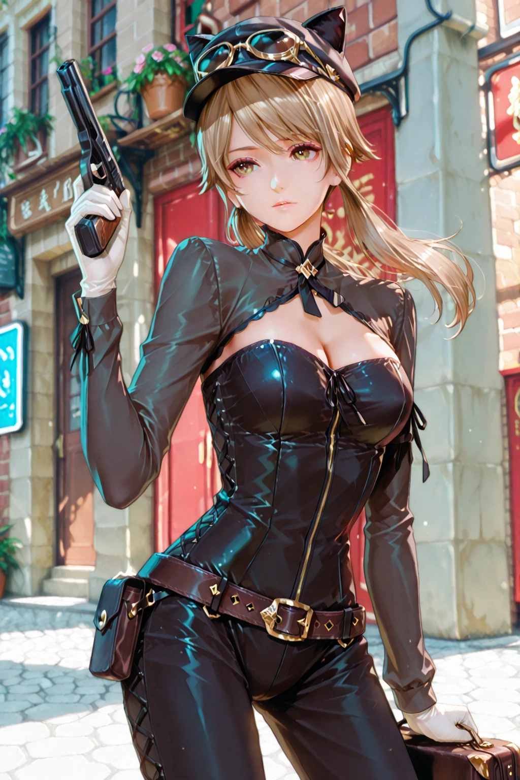 (comic book style),(line drawing_anime),(cowboy shot, highest quality, ),(Laura Budd Photo:1.2),(Laura Add Details:1.0),8k, flat color:0.8,1 girl,smile、(Highly decorative and complex mechanical steampunk fashion, lace flare dolphin hat、goggles 1.5、machinery background、Gear background、complex mechanized steampunk factory、1.5)