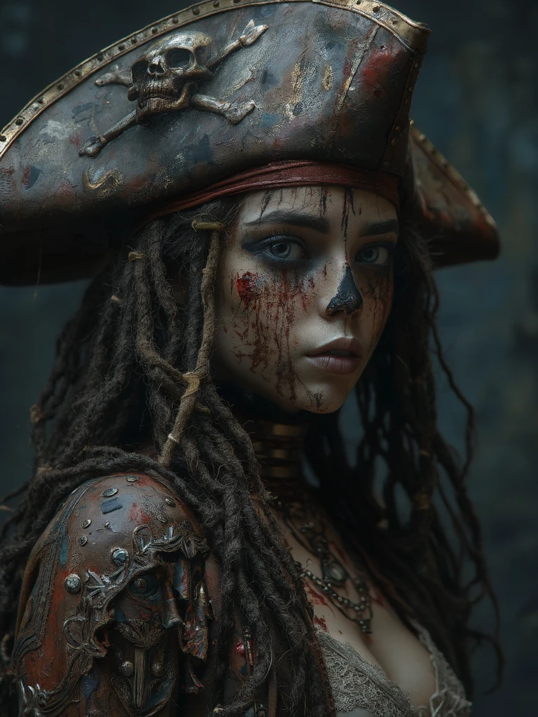 a female pirate commander of a ghost vessel, in the background a group of undead pirate sailors, hyper-realistic, cinematic, 8k, ultra-detailed, photorealistic