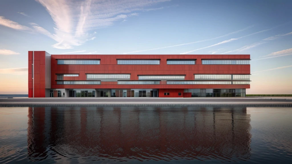 office building 4 storey, GREY and red color wall, [few windows] , [few glass wall], structure CONCRETE WALL, minimalist and clean architectural style. The structure is multi-story with wide windows, minimal glass facade, All pictures are real, 100% real pictures, high quality, clear pictures , hyper realistic, depth of field , modern architecture, minimal architecture , futuristic architecture