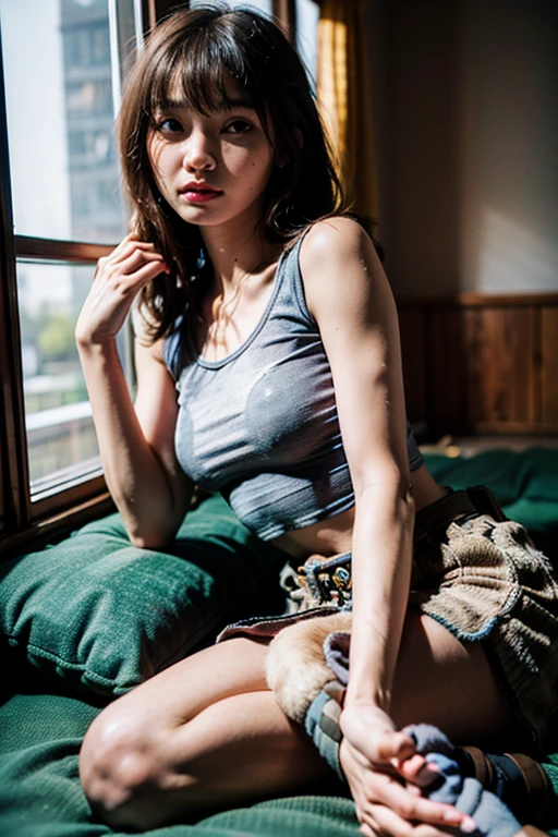 Realistic, nsfw, (On the bed:1.2), (Lying down:1.1), From above, uhd, super detail, best quality, (Heavily tattered and torn clothing:1.4), (Black leggings:1.2)