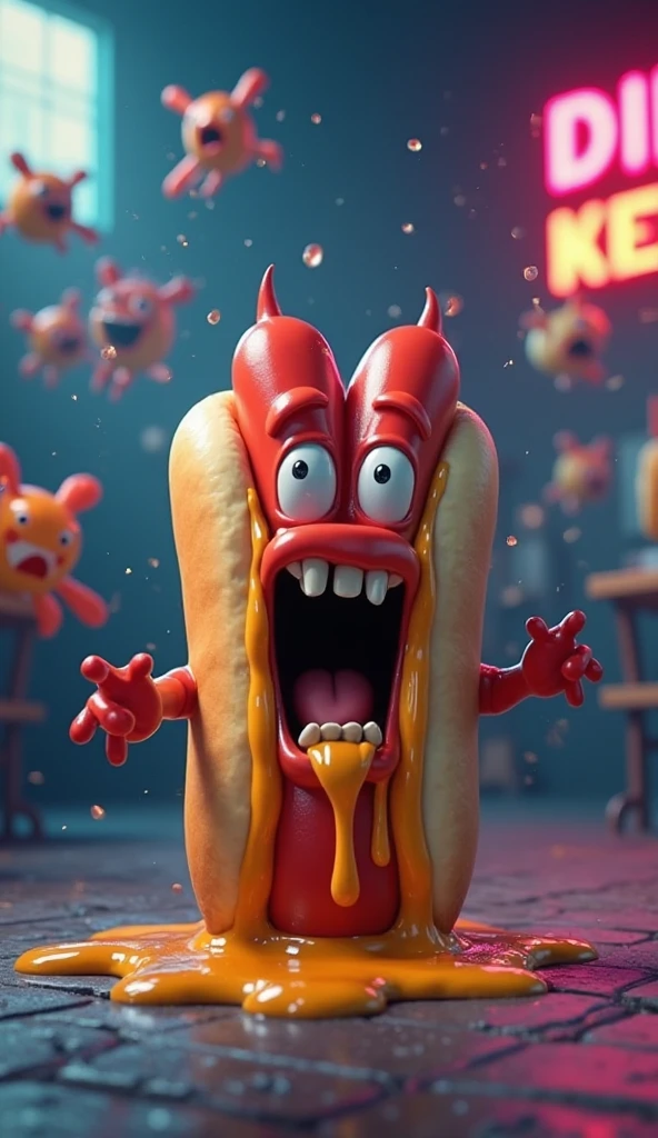 Woman dressed as a clown painted her face like a clown with a big psychopath smile and blood on her face with a chainsaw in her hands and with a fat butt 