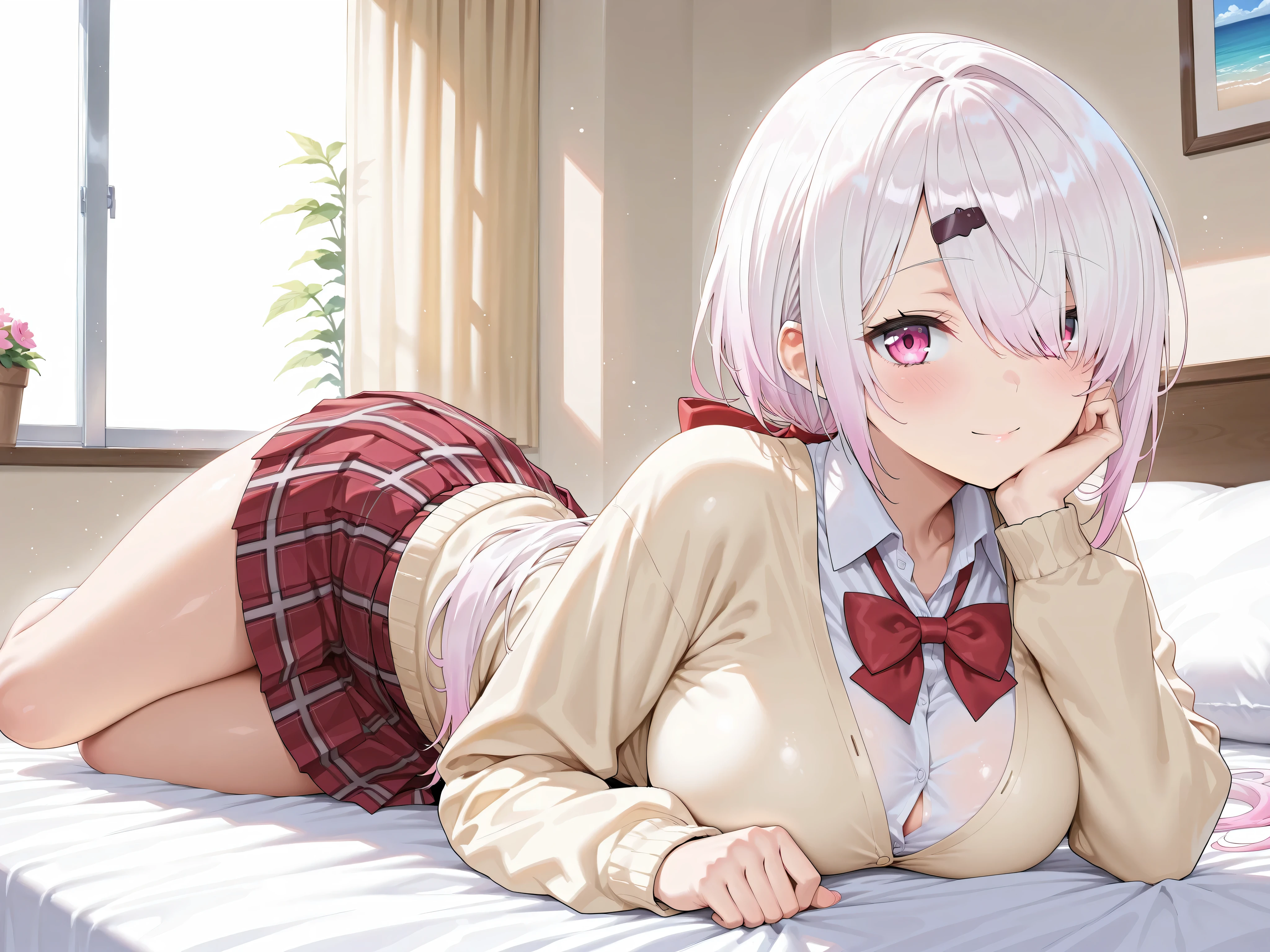 solo,masterpiece,best quality, amazing quality, highres, absurdres, very aesthetic, high resolution, ultra detailed, perfect details,nijiyuika,large breasts,pink eyes,gradient hair,light pink hair,white hair,round face,long hair,hair over one eye,low ponytail,hair ribbon,hairclip,nijiyuikacos,white shirt,collared shirt,red bow,cream-yellow cardigan,red skirt,miniskirt,plaid skirt,pleated skirt,
