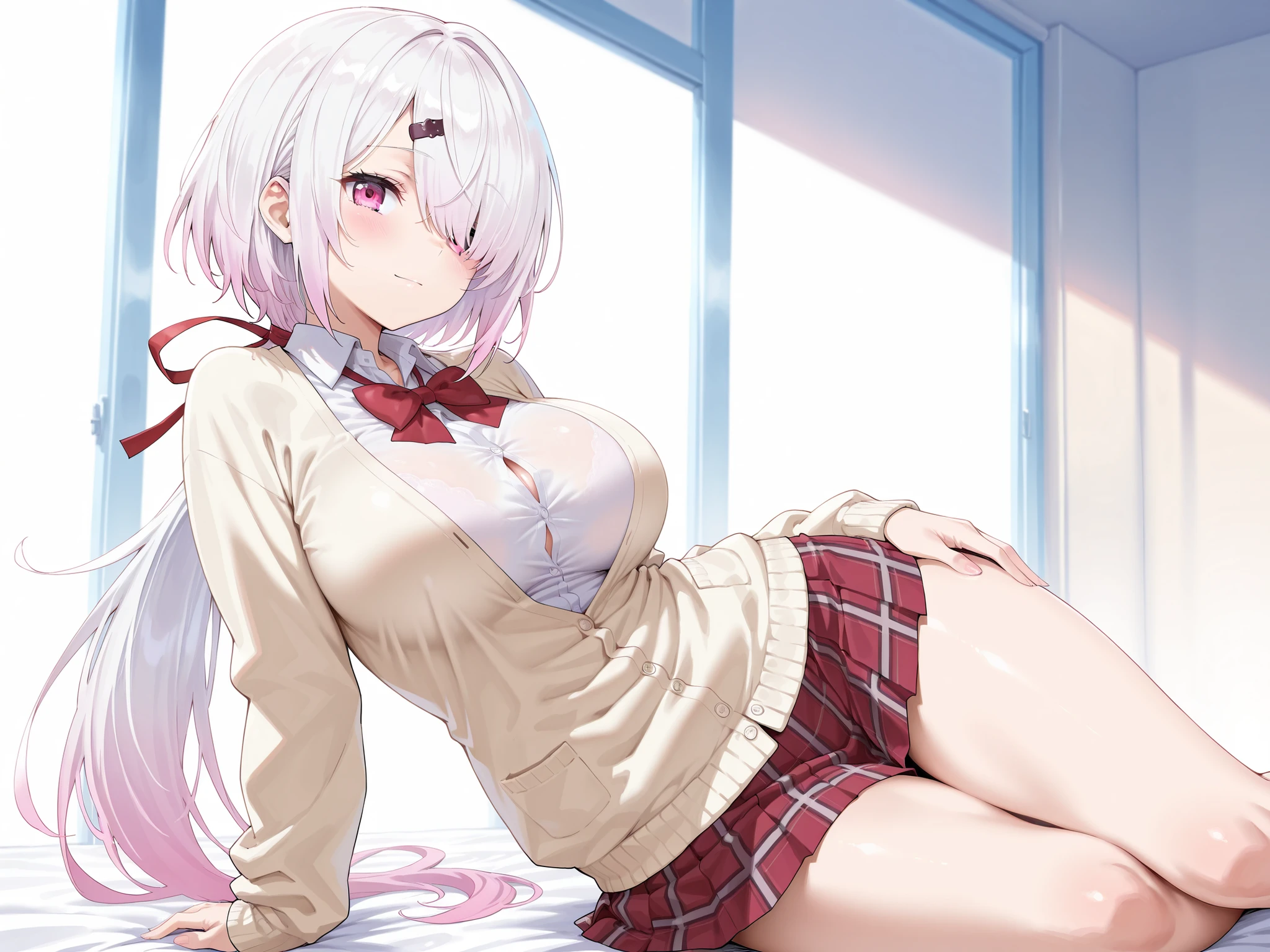 fully body. 1 young woman. german. clear eyes. long white hair. medium breasts. Has a long belly button piercing. wears white tennis skirt and open jacket without bra. Wears white and pink Adidas NMD sneakers with gaiters. She is having sex and sitting on a penis that enters her super hairy pussy. The man is lying down and she is riding him.
