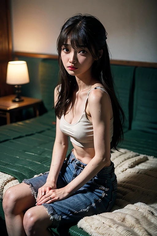 (masterpiece, top quality, best quality, official art, beautiful and aesthetic), extreme detailed,colorful,highest detailed,(1girl,solo),18歳の美女、日本人、女剣士,black hair,long hair,blunt bangs,black eyes,skinny,(slender body,small breasts),sweat:1.2,破れた服:1.4,学園服姿、セーラー服、プリーツ入りミニスカート,負傷、lying,